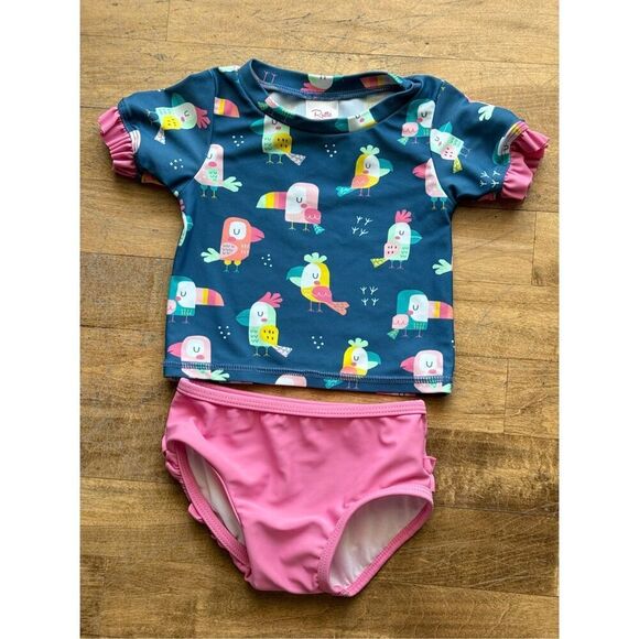 NWOT Ruffle Butts "You're The Tweetest" Mid-Sleeve Two Piece Swimsuit Baby Girl - Picture 3 of 10